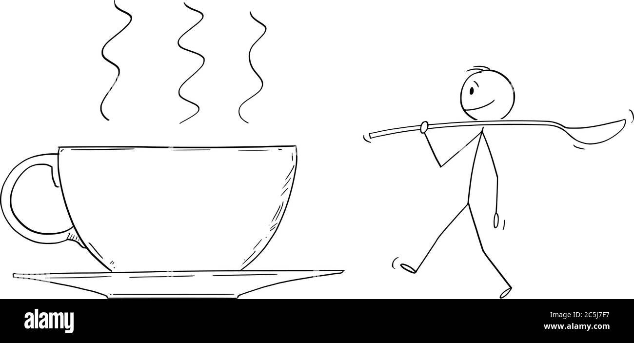 Dessin vectoriel de dessin de dessin de dessin de dessin conceptuel illustration de grande tasse de café ou de thé et petit homme portant une grande cuillère ou cuillère à café. Illustration de Vecteur