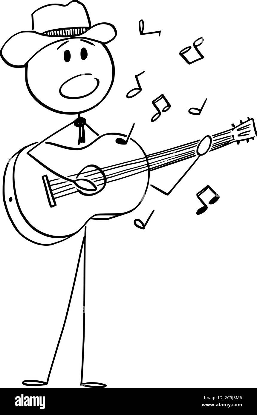 Dessin de dessin vectoriel de bâton de dessin dessin illustration conceptuelle d'un musicien ou d'un chanteur en chapeau de cow-boy, jouant du blues ou de la musique country sur une guitare acoustique et chantant une chanson. Illustration de Vecteur