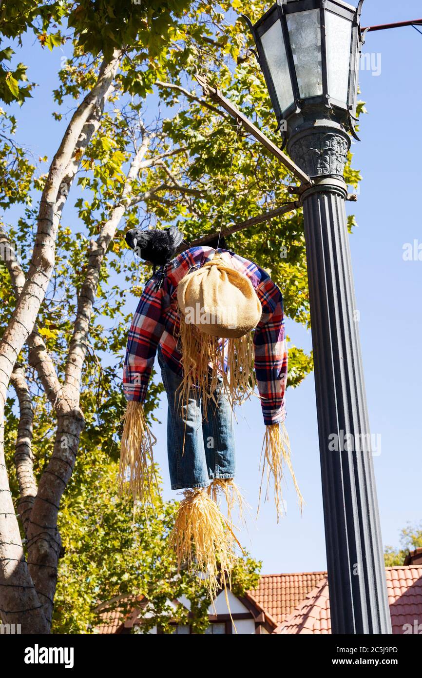 Entrée au concours de Scarecrow suspendue au poste de feu de rue, communauté danoise de Solvang, Ynez Valley, Californie, États-Unis d'Amérique Banque D'Images