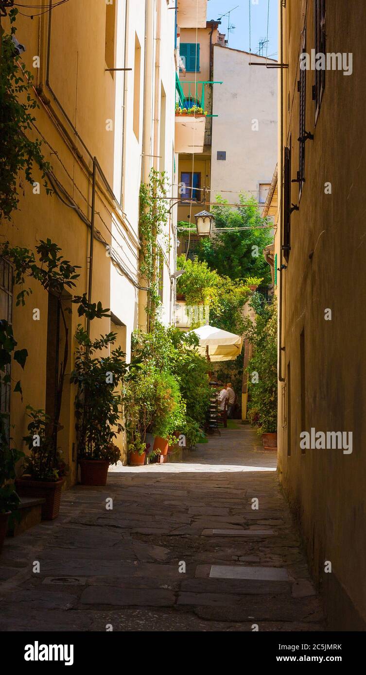 Vieilles ruelles historiques d'une ville toscane médiévale pleine de fleurs colorées et de soleil. Banque D'Images