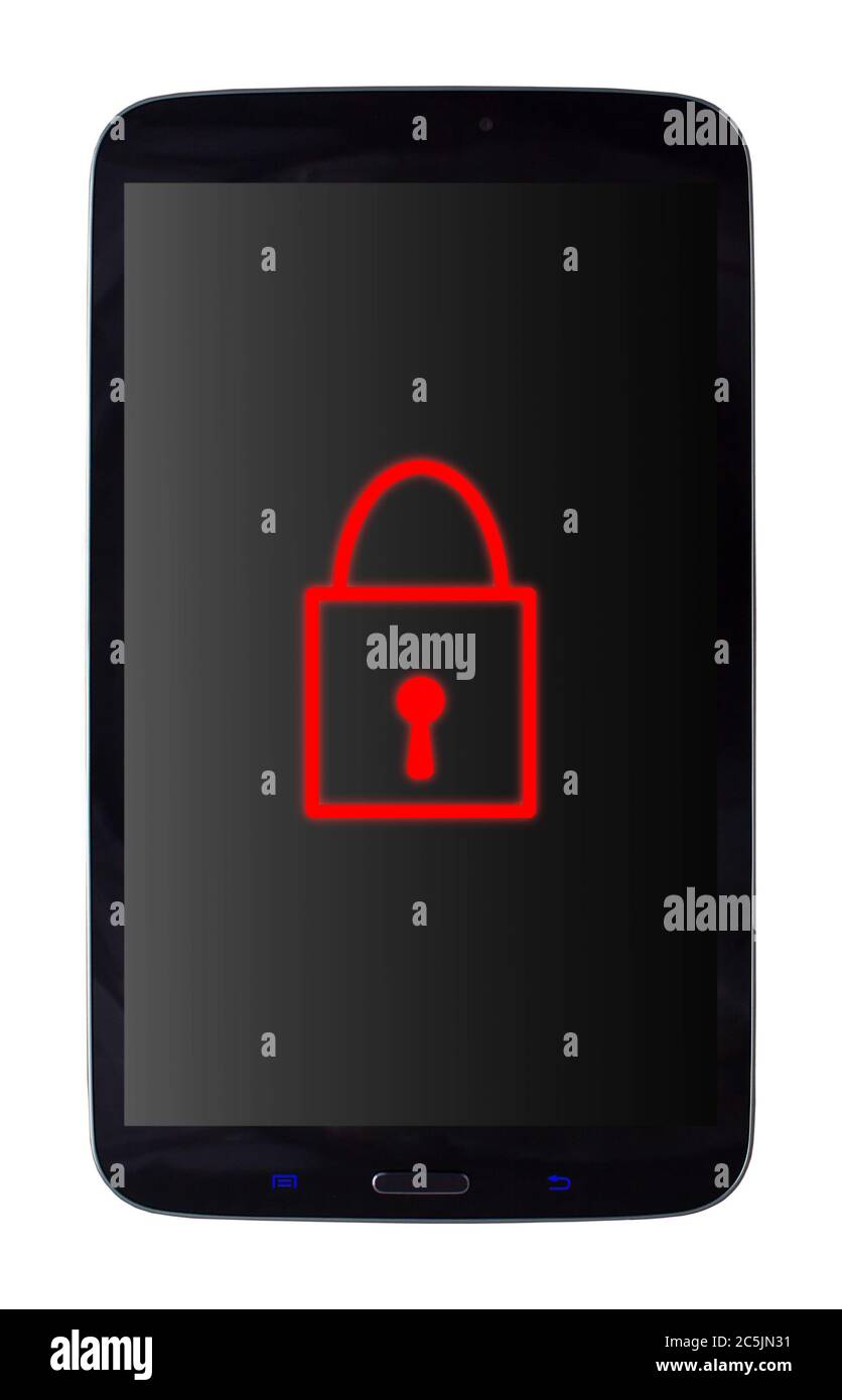 Téléphone portable avec un cadenas rouge verrouillé sur un arrière-plan blanc isolé avec un masque Banque D'Images