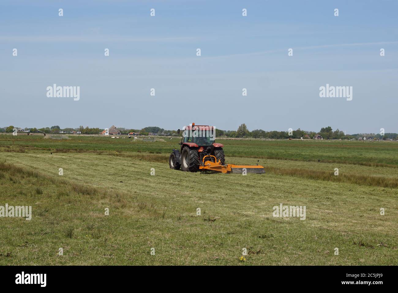 Paysage de pâturage. L'herbe dans un pré près du village hollandais de Bergen est tondue par un tracteur et une tondeuse. Banque D'Images