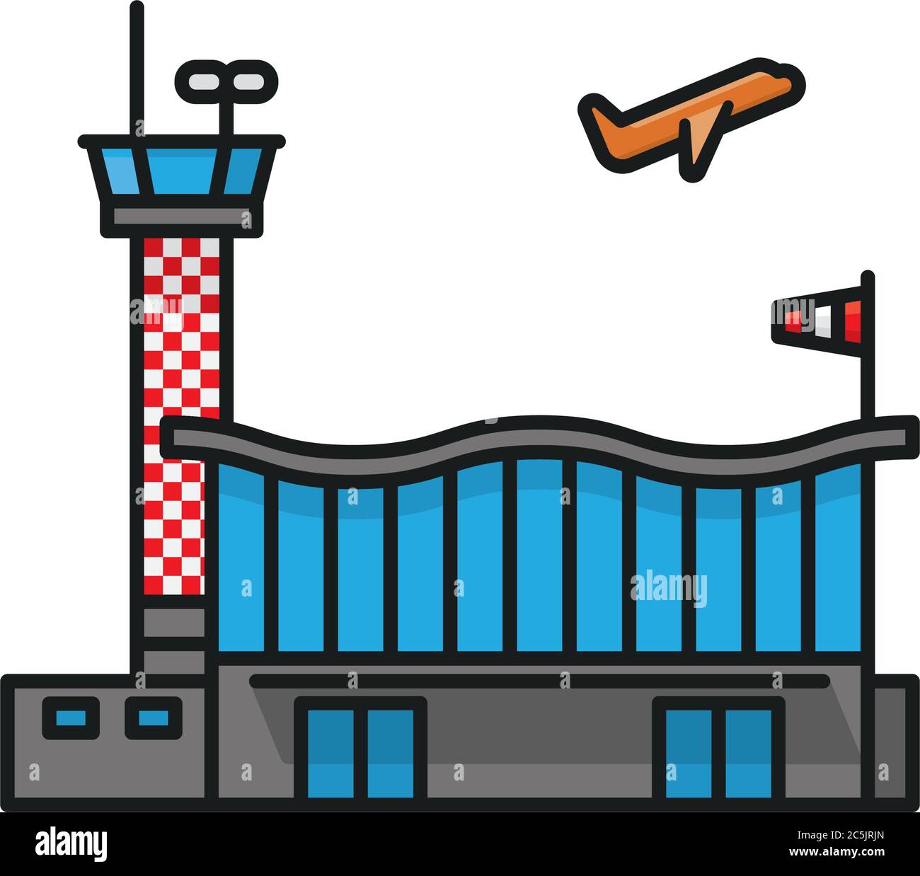 Bâtiments d'aéroport avec tour de contrôle à damier et illustration vectorielle isolée d'avion pour la Journée de contrôle du trafic aérien le 6 juillet. Illustration de Vecteur