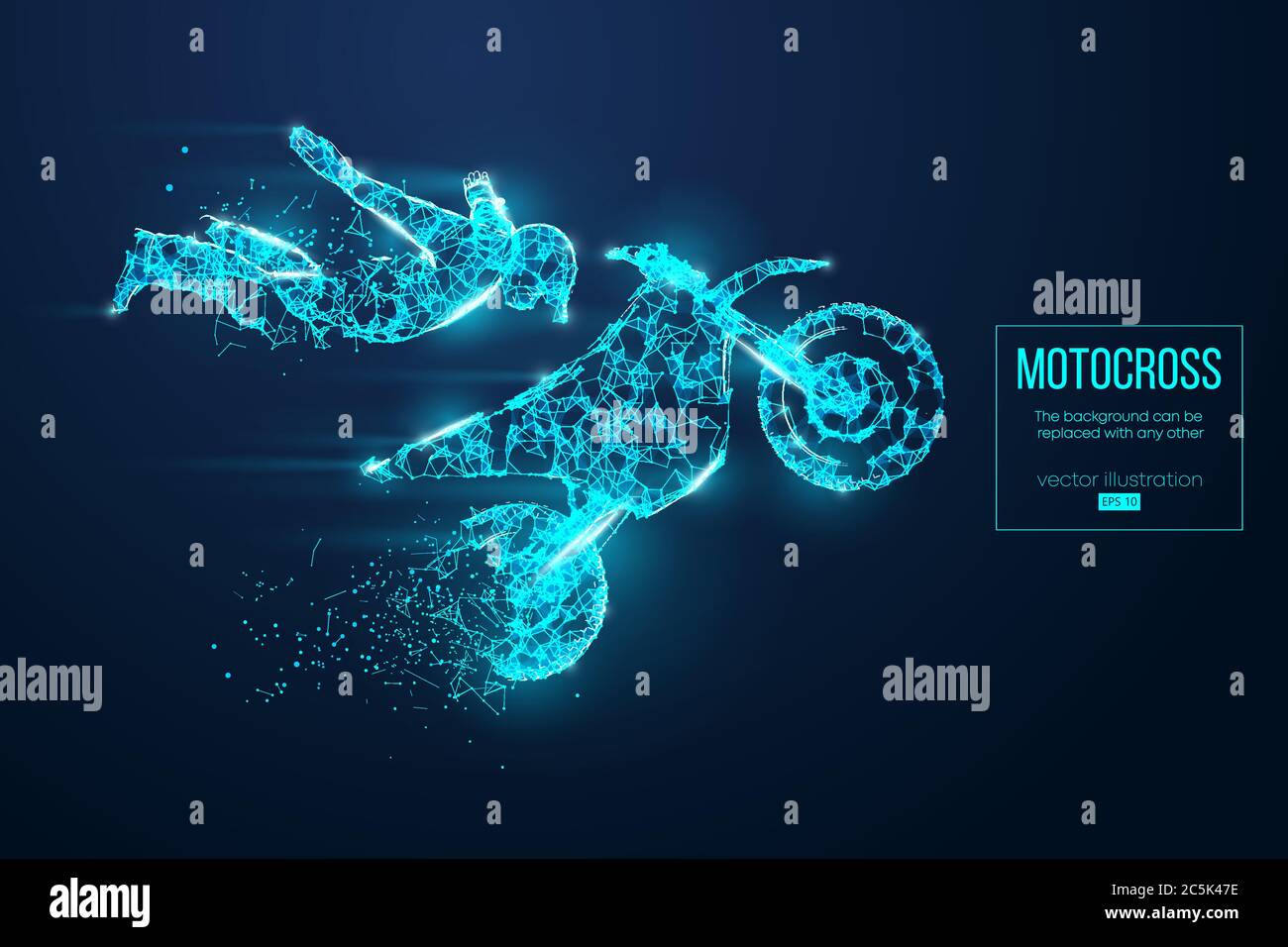 Silhouette abstraite d'un motocross filaire à partir de particules sur fond bleu. Organisation pratique du fichier eps. Illustartion vectorielle. TH Illustration de Vecteur