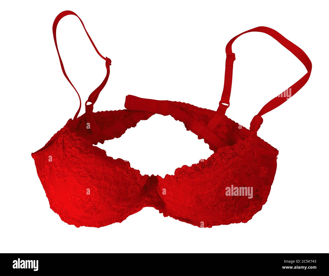 Dentelle rouge brassière isolée sur blanc. Masque inclus. Banque D'Images