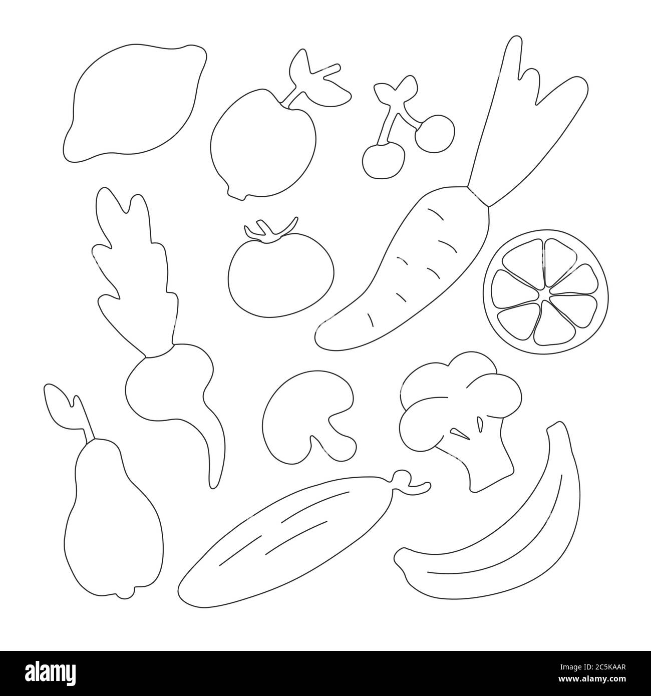 Légumes et fruits pour enfants. Icônes dessinées à la main. Livre de coloriage pour enfants. Illustration de Vecteur