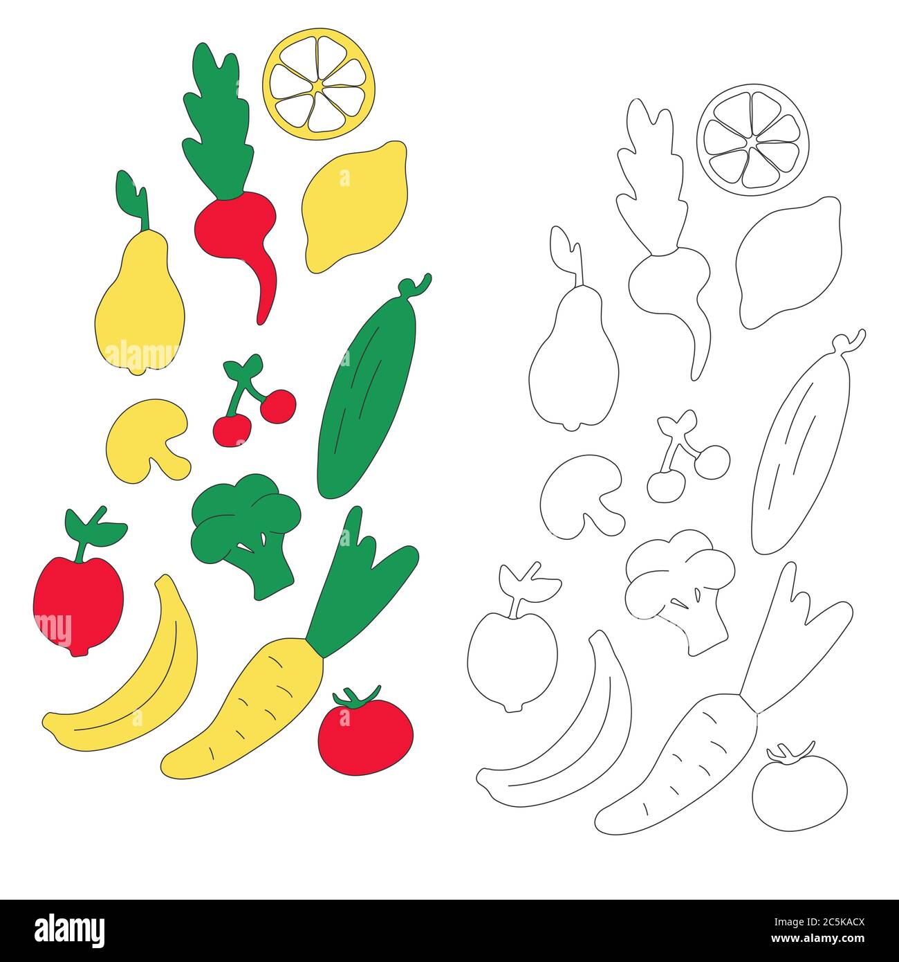 Légumes et fruits pour enfants. Icônes dessinées à la main. Livre de coloriage pour enfants. Vecteur Illustration de Vecteur