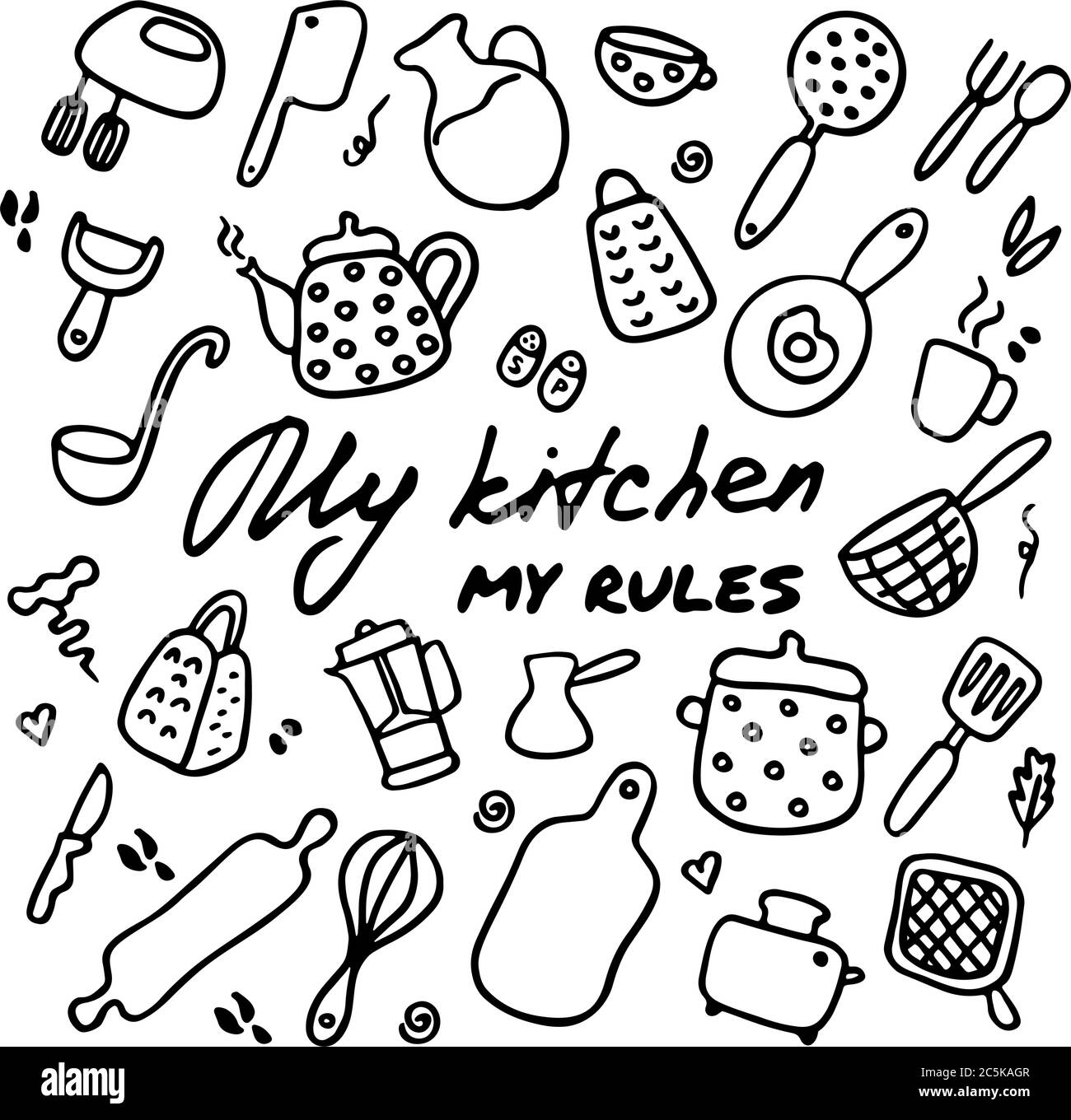Ensemble d'icônes Doodle d'appareils et d'objets de cuisine. Articles de cuisson dessinés à la main. Appareils ménagers et articles ménagers. Illustration vectorielle Illustration de Vecteur
