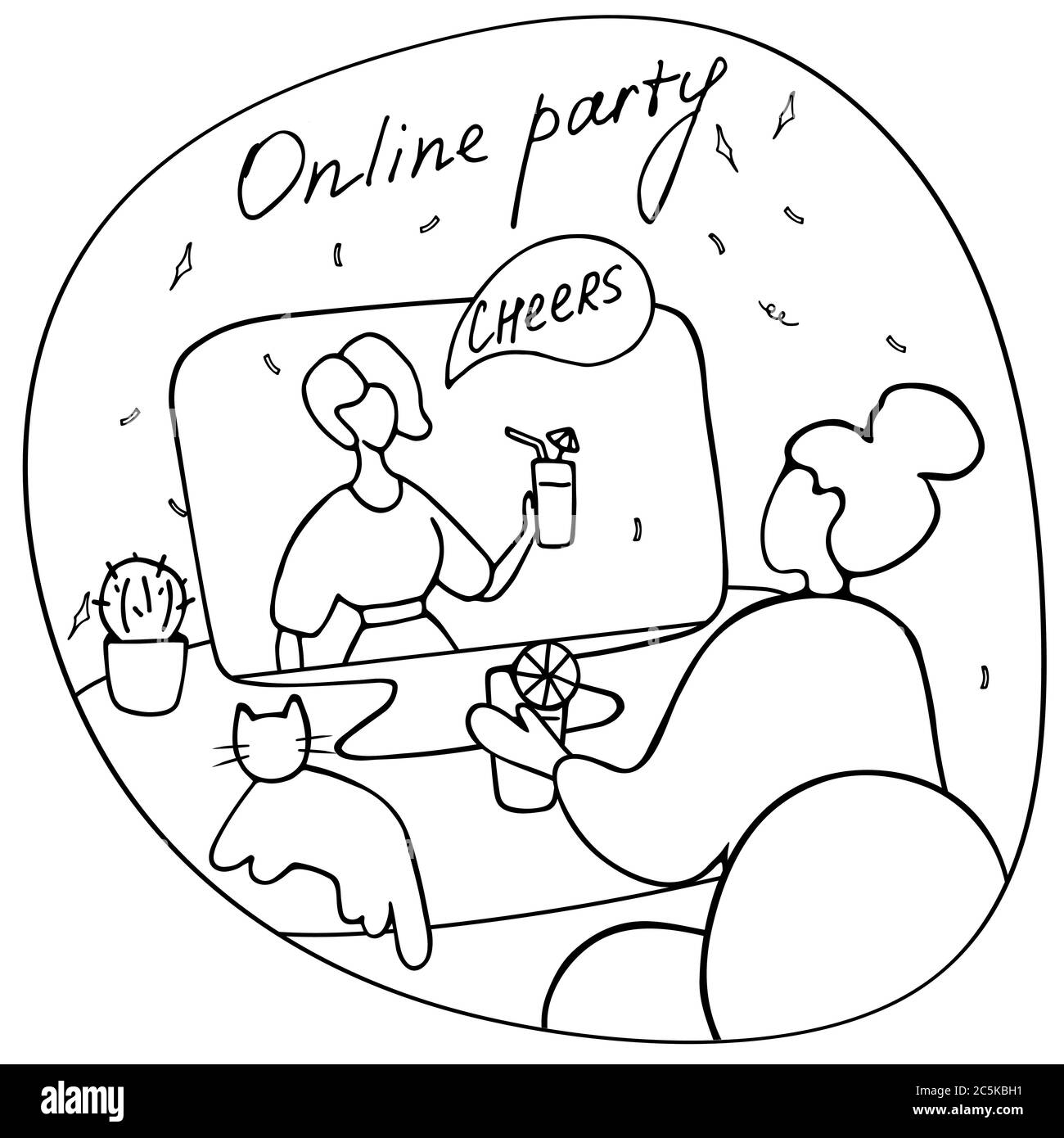 Des amis de différents pays boivent des cocktails et parlent en ligne. Partie virtuelle, appel vidéo. Style de vie moderne, vie en ligne. Vecteur linéaire de l'enliseur Illustration de Vecteur