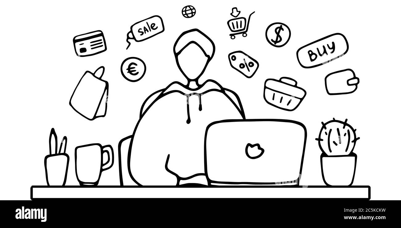 Homme de travail et de shopping en ligne pour la période de quarantaine. La personne ne peut pas quitter la maison et commander des aliments et des marchandises dans le magasin en ligne Illustration de Vecteur