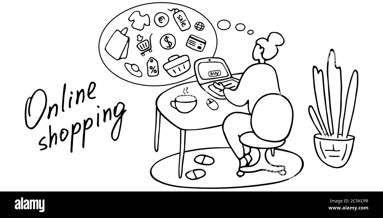 Shopaholic achète en ligne à la maison. La fille choisit des produits sur le site. Concept de magasinage Onlone. Motif vectoriel Doodle Illustration de Vecteur