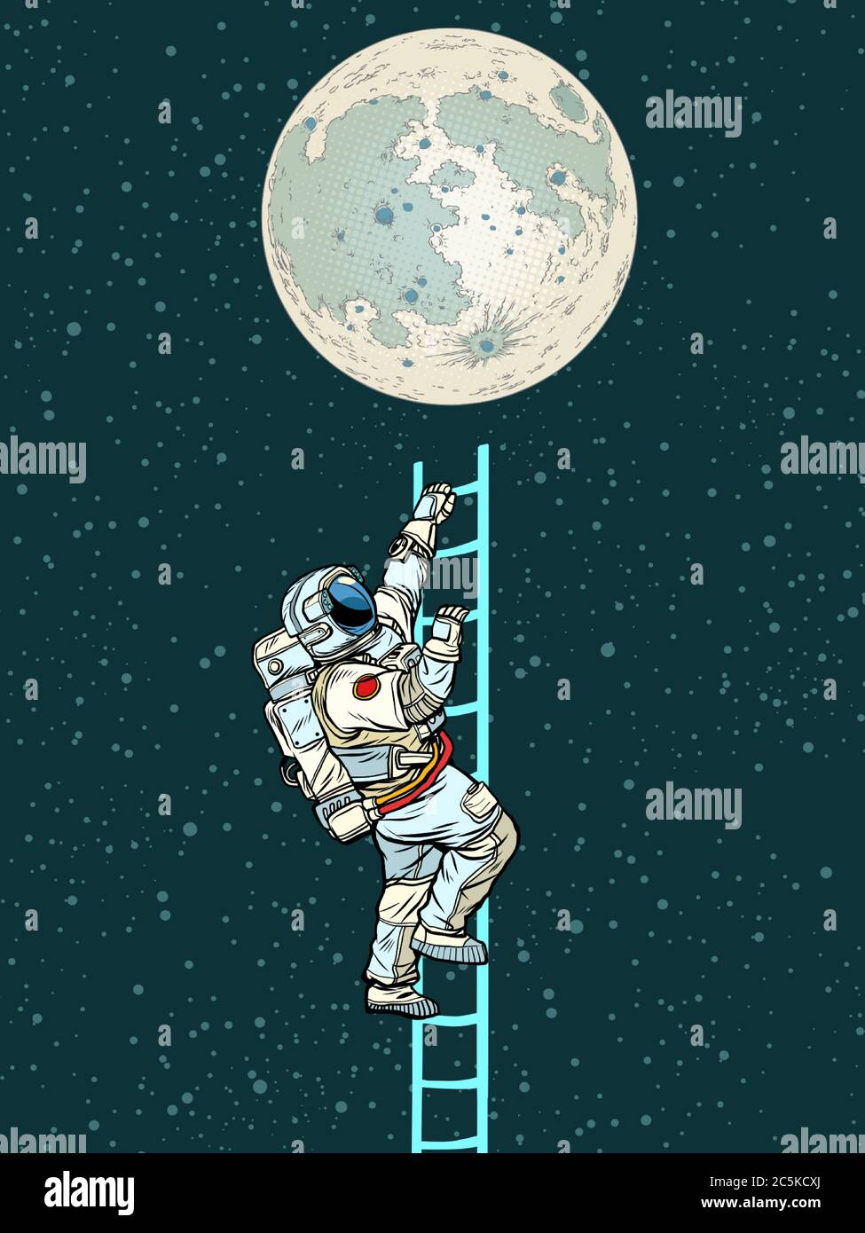 L'astronaute monte les escaliers jusqu'à la lune Illustration de Vecteur