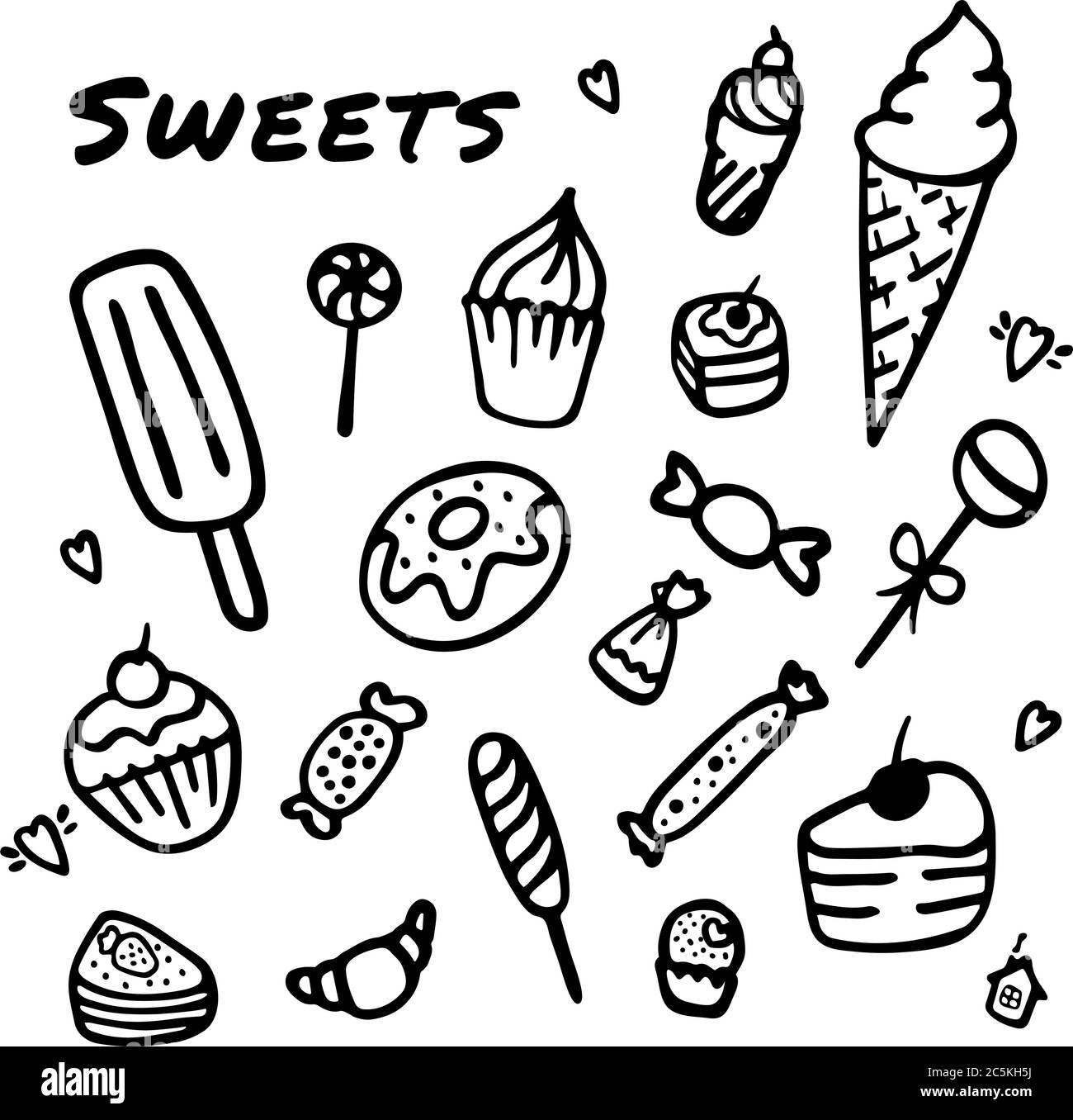 Douceurs dessinées à la main, ensemble d'éléments de croquettes avec bonbons, petits gâteaux, biscuits, chocolats, sucettes et macarons Illustration de Vecteur