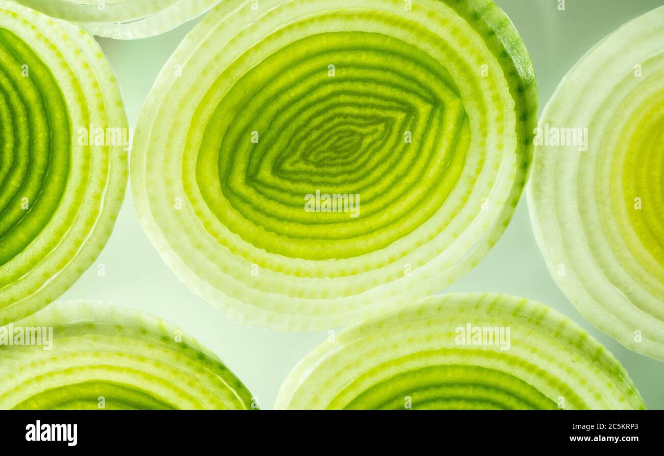 Gros plan extrême de tranches de poireaux jaunes et verts colorées Banque D'Images