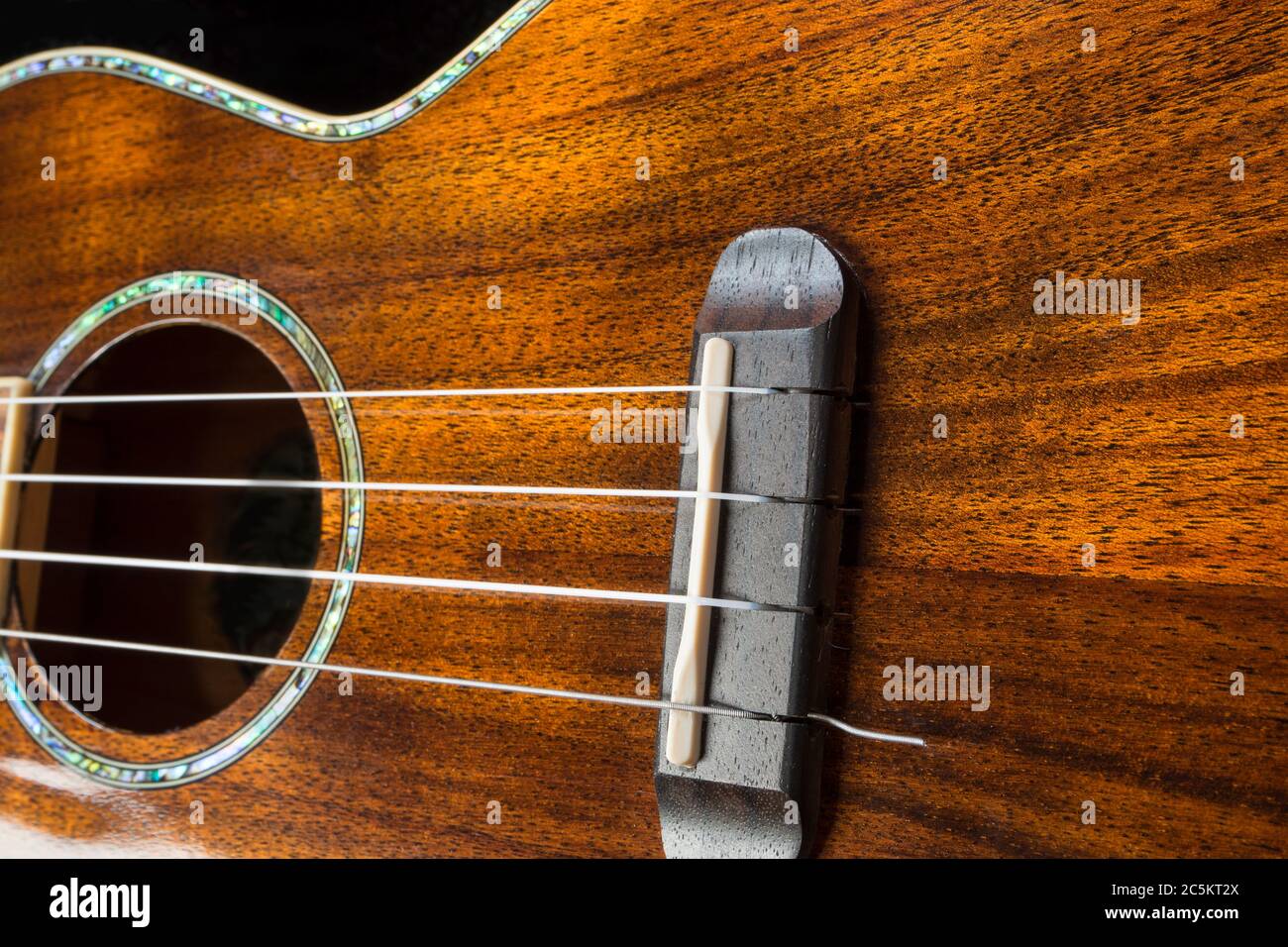Gros plan photo d'un beau Ukulele en bois Banque D'Images