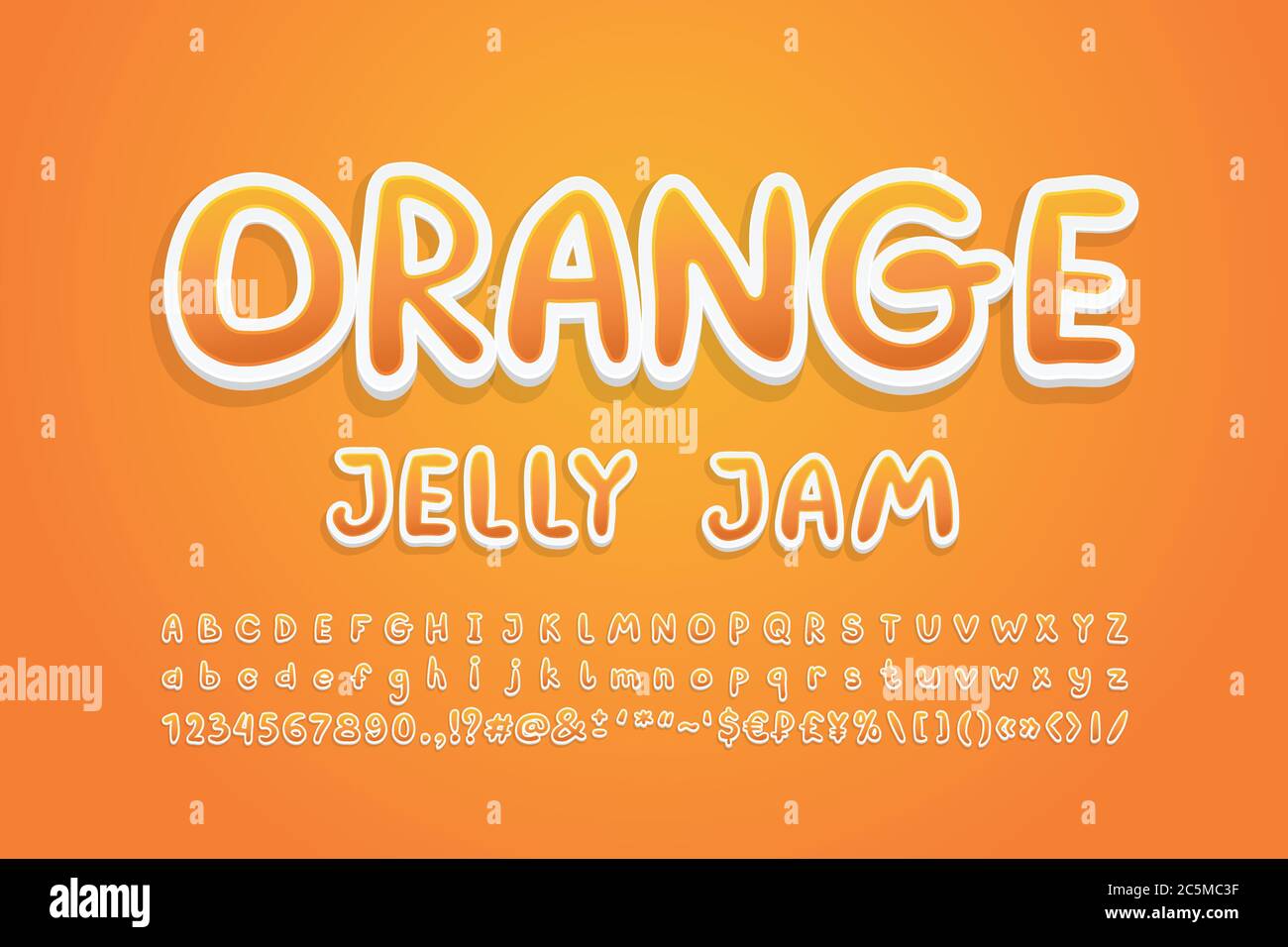 Dessin animé Alphabet doux orange aux couleurs des fruits. Police manuscrite lumineuse, style d'autocollant 3d, lettres majuscules et minuscules, chiffres. Illustration vectorielle. Illustration de Vecteur