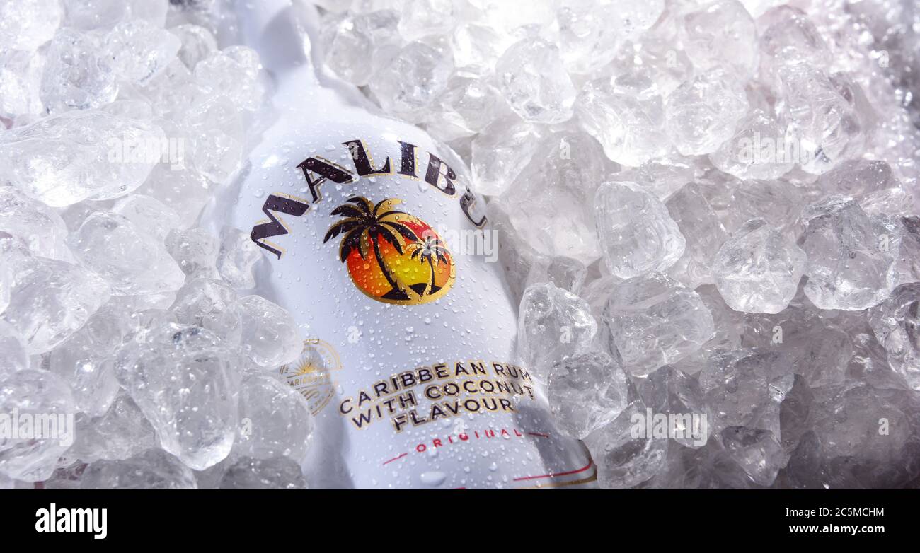POZNAN, POL - 28 MAI 2020 : bouteille de Malibu Rum, liqueur aromatisée à base de rhum, fabriquée à partir d'extrait naturel de noix de coco, produite par West Indies Rum Distile Banque D'Images