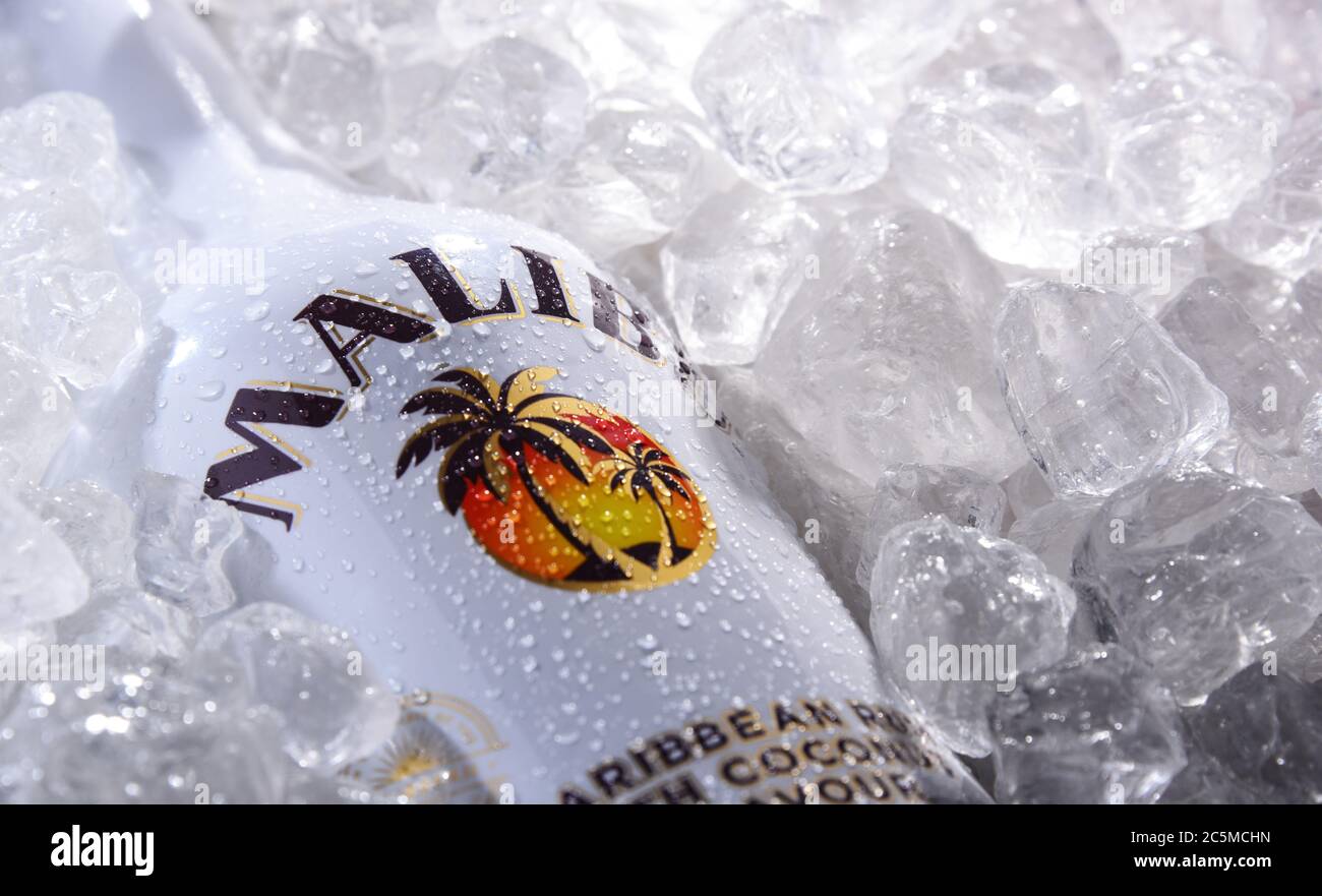 POZNAN, POL - 28 MAI 2020 : bouteille de Malibu Rum, liqueur aromatisée à base de rhum, fabriquée à partir d'extrait naturel de noix de coco, produite par West Indies Rum Distile Banque D'Images