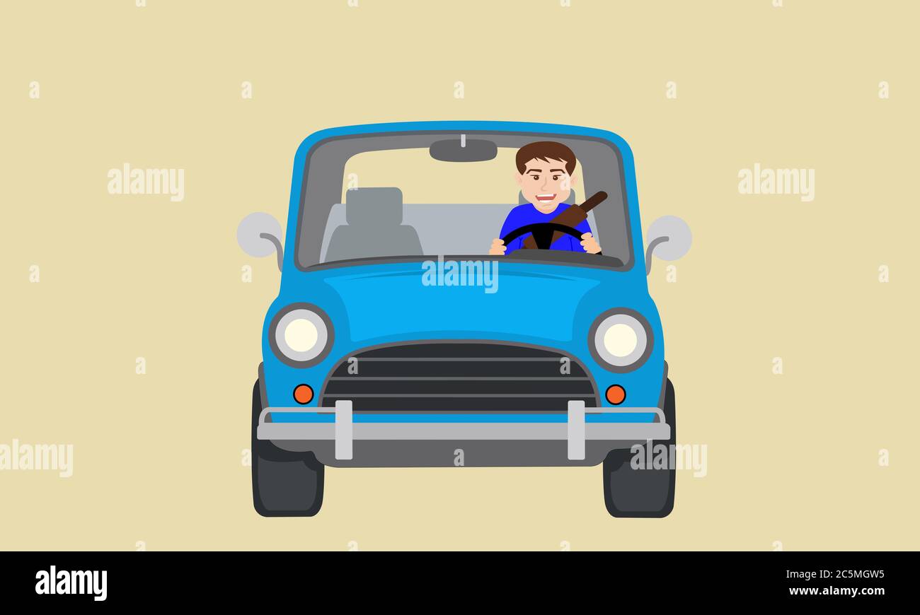 Jeune homme heureux conduisant une voiture bleue avec vue latérale avant. Boucler les ceintures de sécurité. Conduite en toute sécurité. Illustration vectorielle. Banque D'Images
