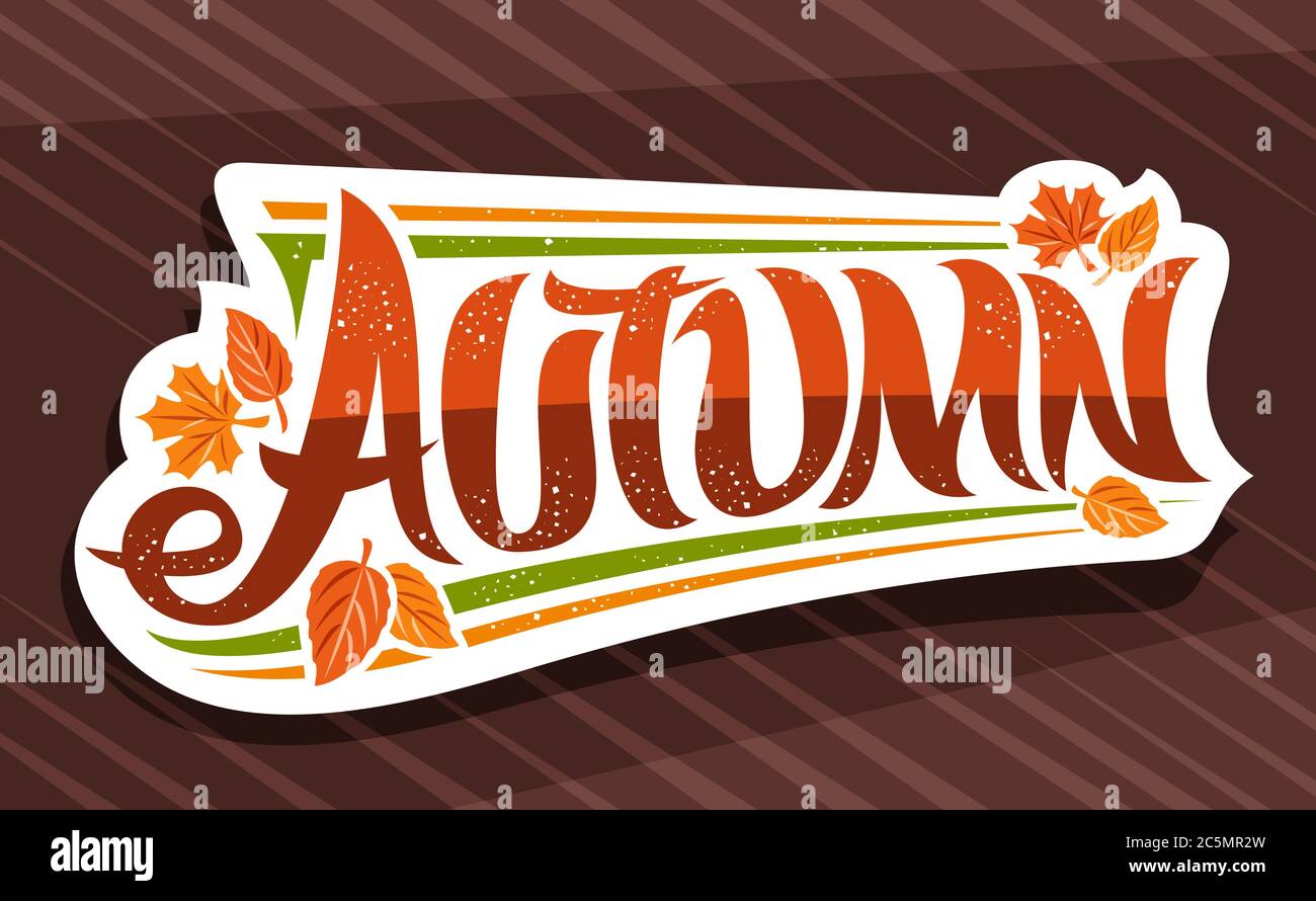 Bannière vectorielle pour la saison d'automne, logo blanc avec police calligraphique curly, feuilles et confetti décoratifs d'automne, carte de vœux avec jeu de cartes unique Illustration de Vecteur