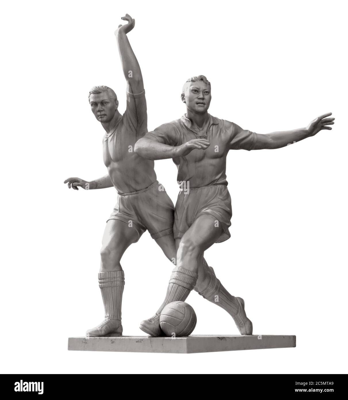 Ancienne sculpture de joueurs de football isolés sur blanc. Masque inclus. Banque D'Images
