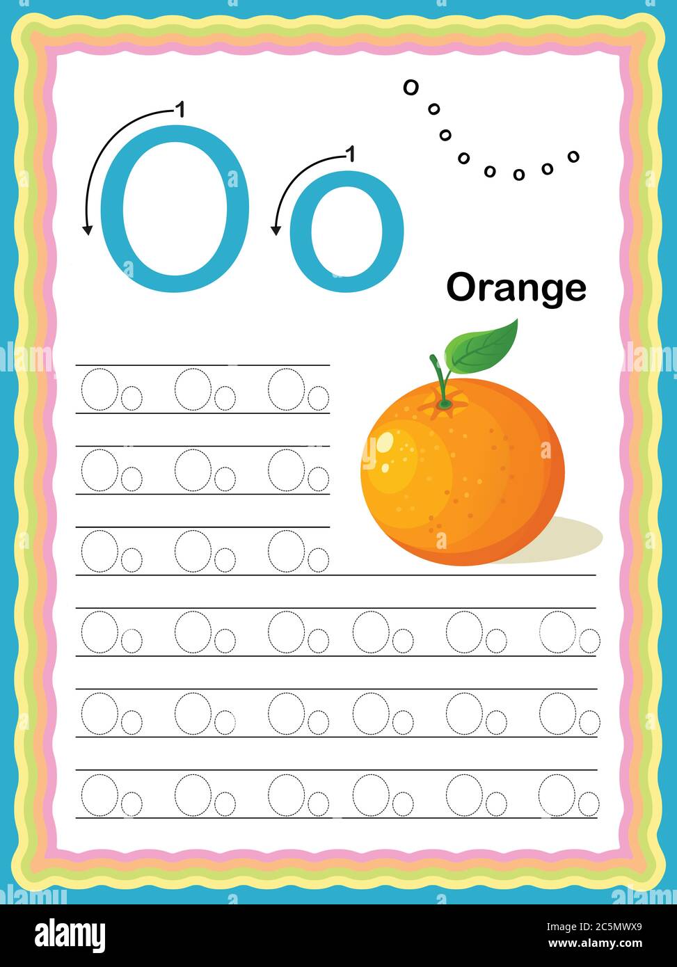 Lettre maternelle colorée O majuscules et minuscules les alphabets de traçage commencent avec des légumes et des fruits feuille de travail de pratique quotidienne d'écriture, imprimable A4 Illustration de Vecteur
