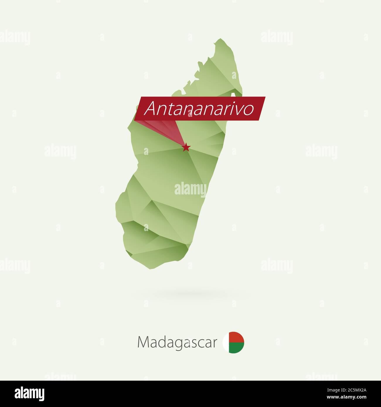 Carte de faible poly de gradient vert de Madagascar avec la capitale Antananarivo Illustration de Vecteur