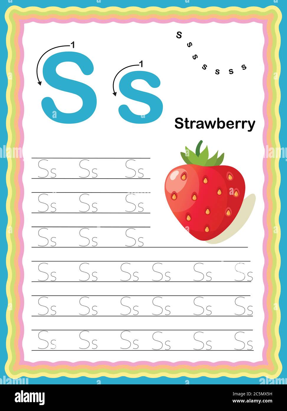 Lettre maternelle colorée S majuscules et minuscules les alphabets de traçage commencent avec des légumes et des fruits feuille de travail quotidien d'écriture, imprimable A4 Illustration de Vecteur