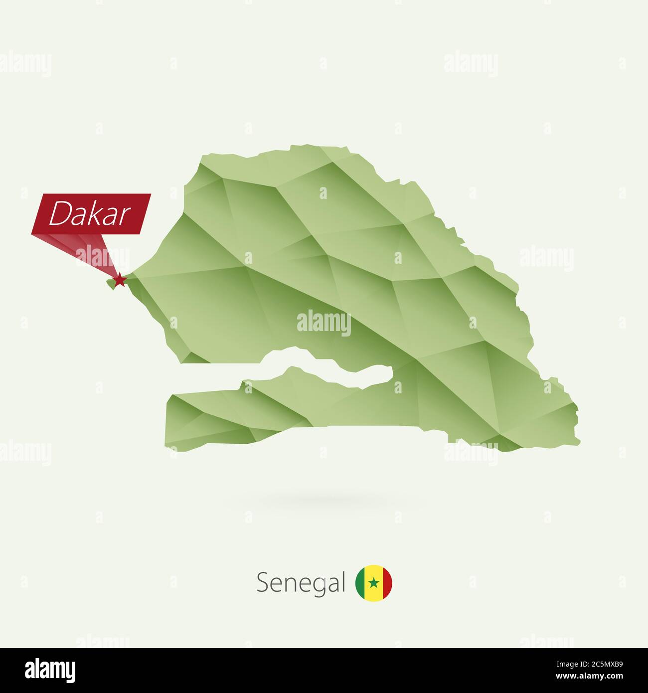 Carte de faible poly de gradient vert du Sénégal avec la capitale Dakar Illustration de Vecteur
