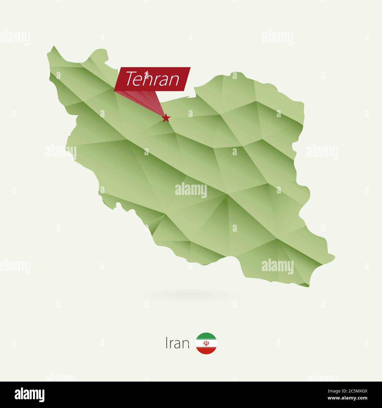 Carte poly basse à gradient vert de l'Iran avec la capitale Téhéran Illustration de Vecteur
