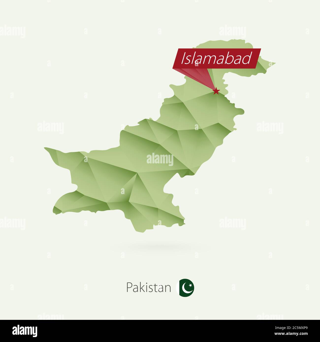 Carte poly basse à gradient vert du Pakistan avec la capitale Islamabad Illustration de Vecteur