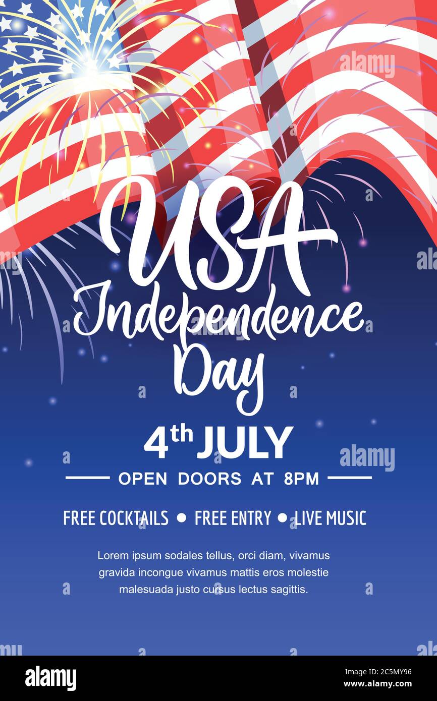 Joyeux 4 juillet, USA Independence Day. Affiche de vacances, arrière-plan de bannière avec drapeau américain, feux d'artifice, lettrage calligraphique. Illustration vectorielle. Illustration de Vecteur