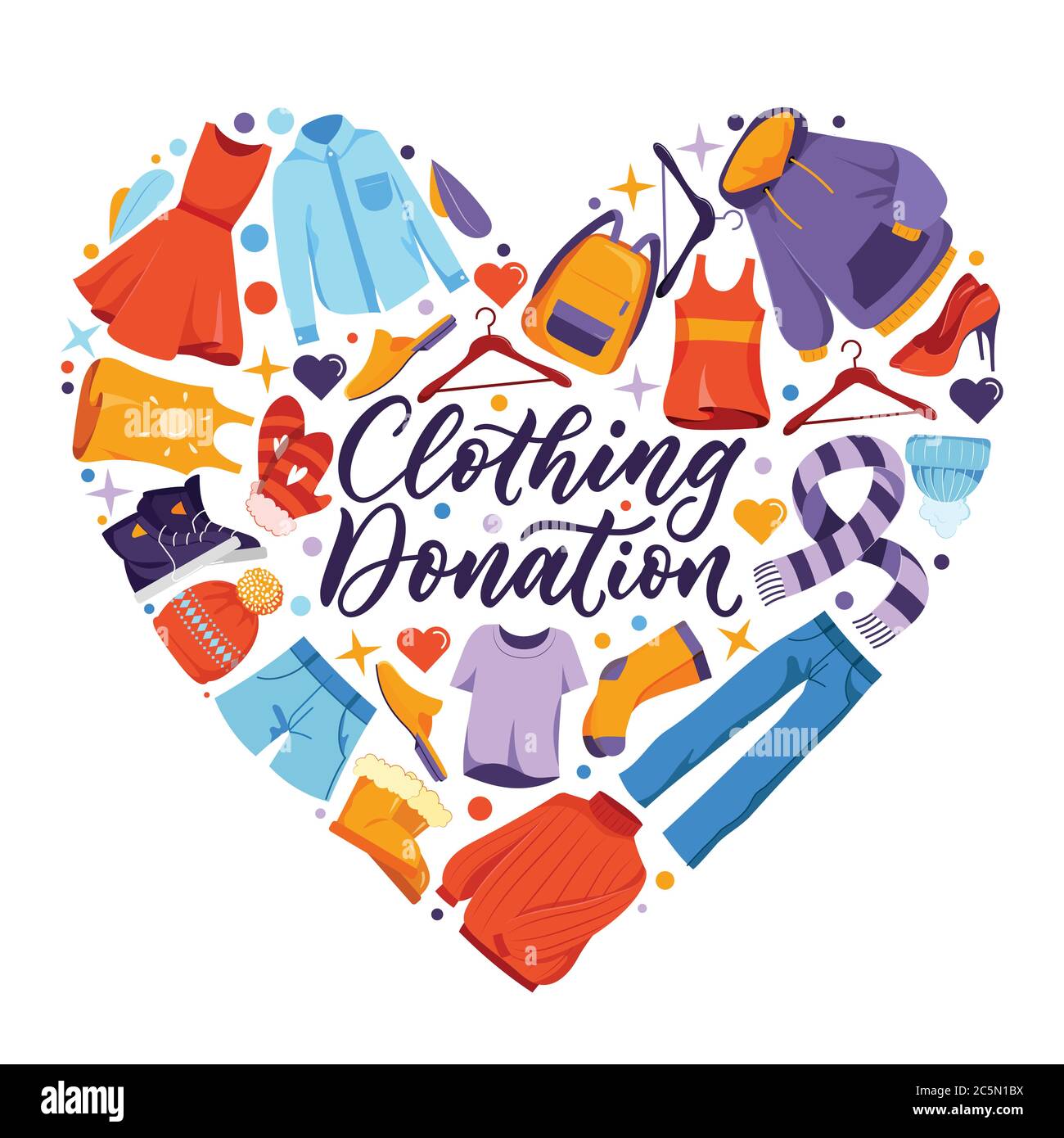 Don de vêtements d'occasion, bannière ou affiche avec inscription calligraphique à la main. Vêtements en forme de coeur, icônes vectorielles et éléments de design. Social humain Illustration de Vecteur