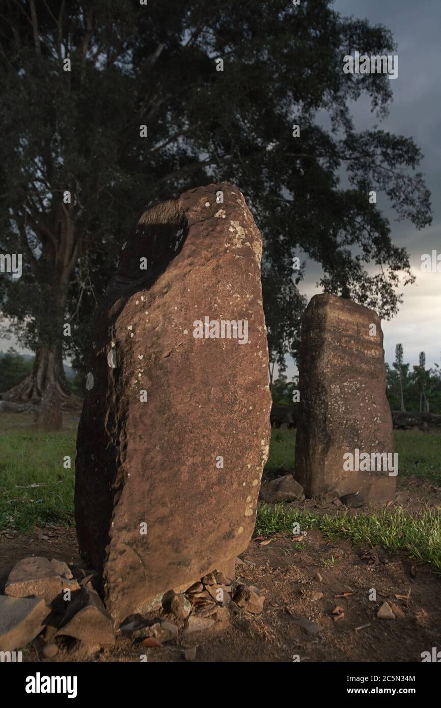 Pierres debout (menhirs) au site du Megalith Sekala Brak à West Lampung, Sumatra, Indonésie. Banque D'Images