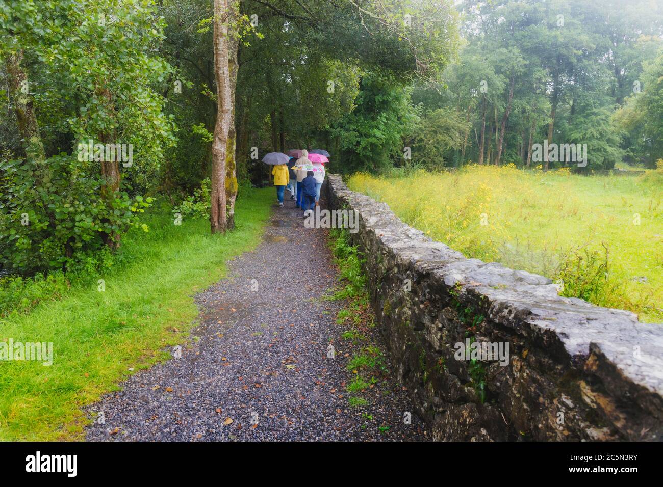 Personnes avec parasols sur la piste menant au château d'Aughnanure, près de Oughterard, Connemara, comté de Galway, République d'Irlande. Eire. Banque D'Images