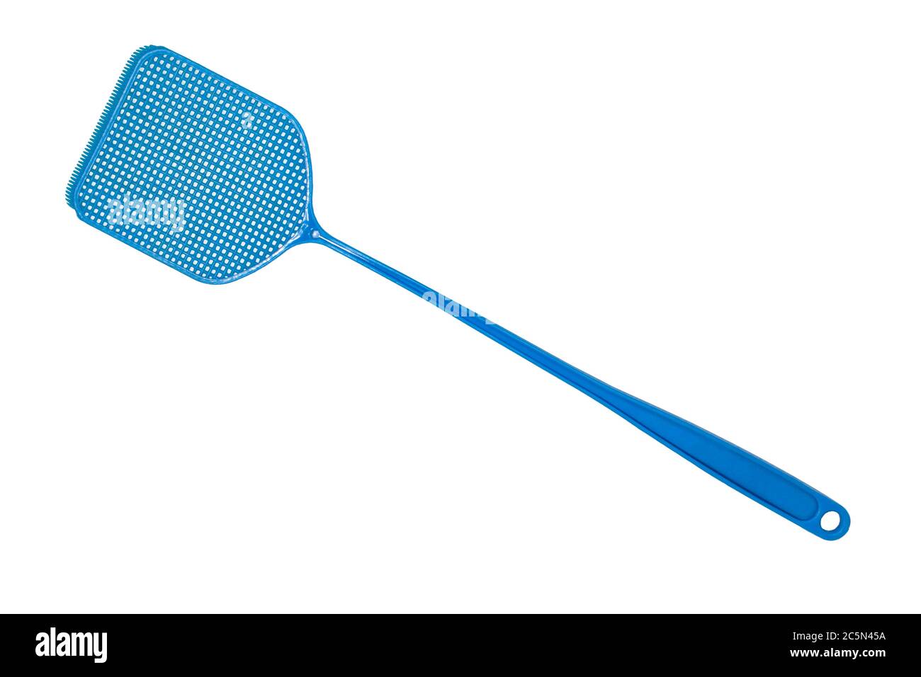 Bleu flyswatter isolé sur fond blanc. Macro Home Fly Swatter Banque D'Images