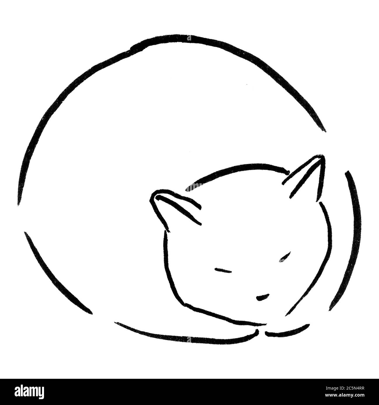 Illustration numérique Sleeping Cat, noir sur blanc Banque D'Images