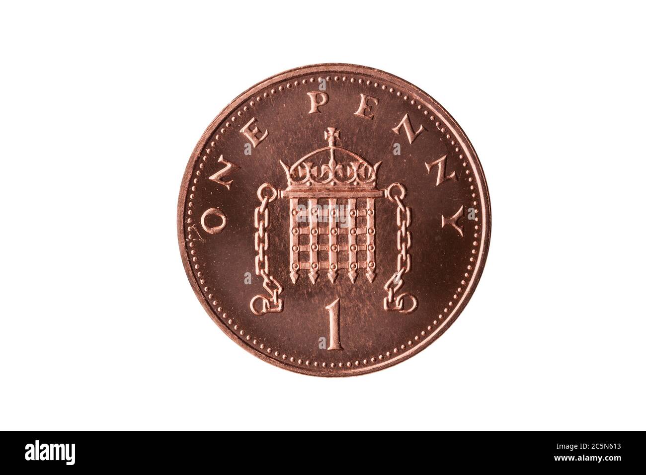 Nouvelle pièce de monnaie d'une clôture de l'Angleterre portcullis inverse britannique découpé et isolé sur un fond blanc Banque D'Images
