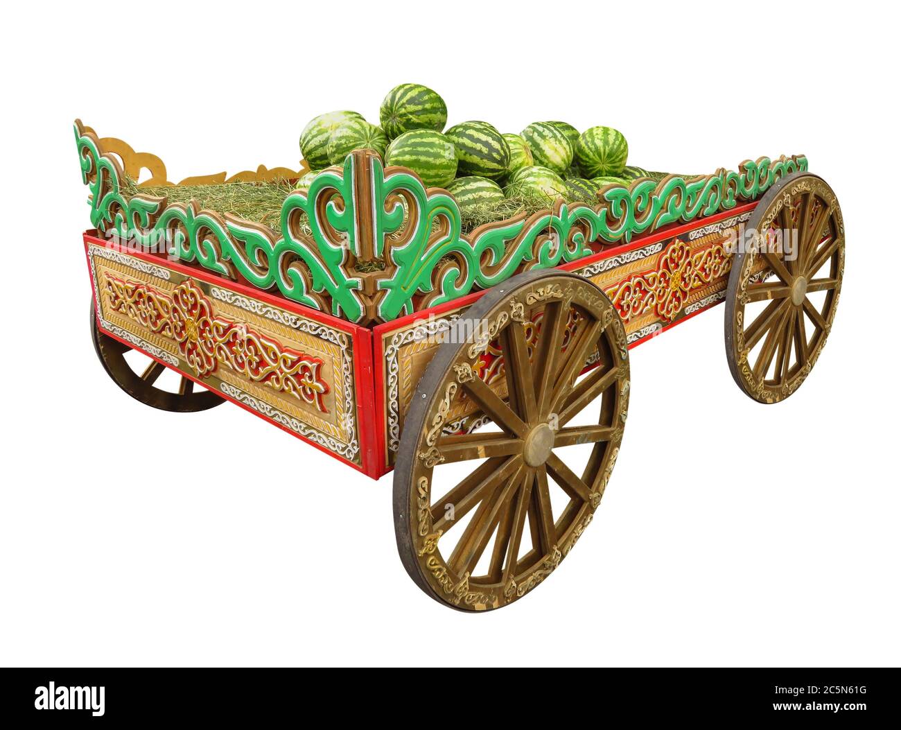 Chariot en bois avec pastèques isolées sur blanc. Masque inclus. Banque D'Images