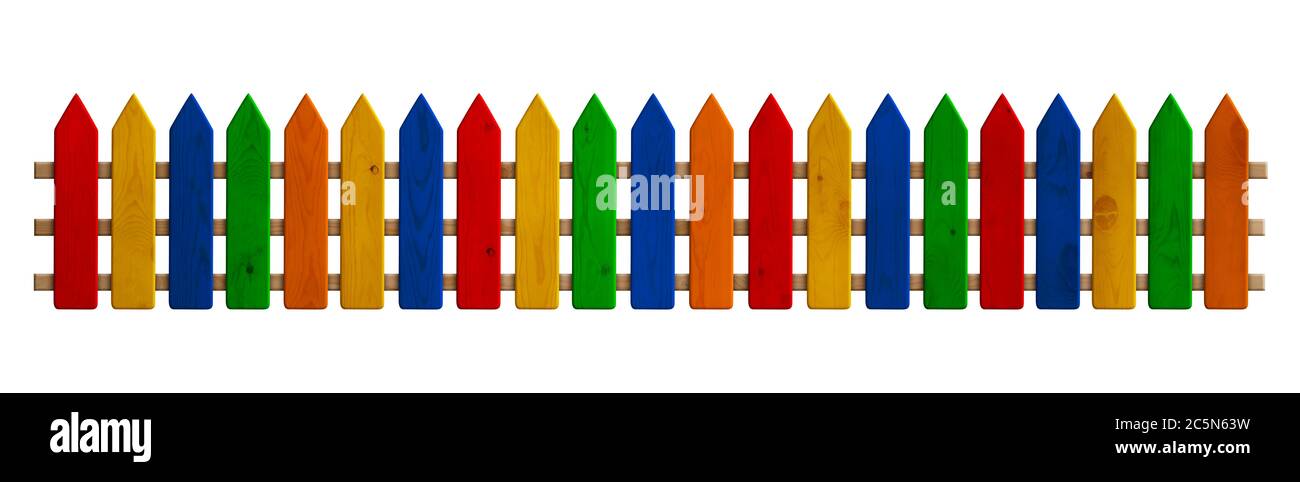 Longue clôture en bois colorée isolée sur fond blanc Banque D'Images Longue clôture en bois colorée isolée sur fond blanc Banque D'Images