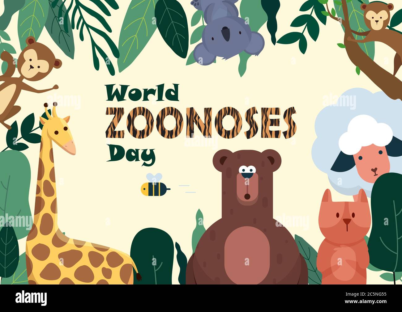 Journée mondiale des zoonoses, animaux dans la jungle, affiche, arrière-plan, vecteur d'illustration Illustration de Vecteur