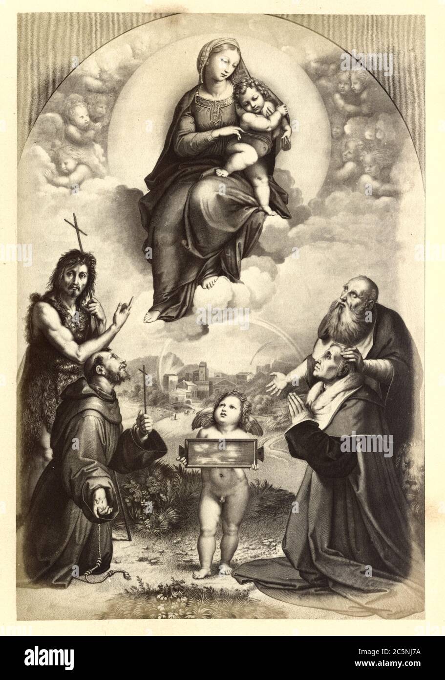 La Madonna di Foligno par le peintre et architecte italien Raffaello Sanzio da Urbino (1483 - 1520), 1511 - 1512. Impression d'albumine tirée de la gravure de la peinture originale de Joseph Cundall (1818 - 1895) et Lewis Baldwin Fleming (1828 - 1909) publiée dans The Great Works of Raphael Sanzio of Urbino, 1868. Banque D'Images