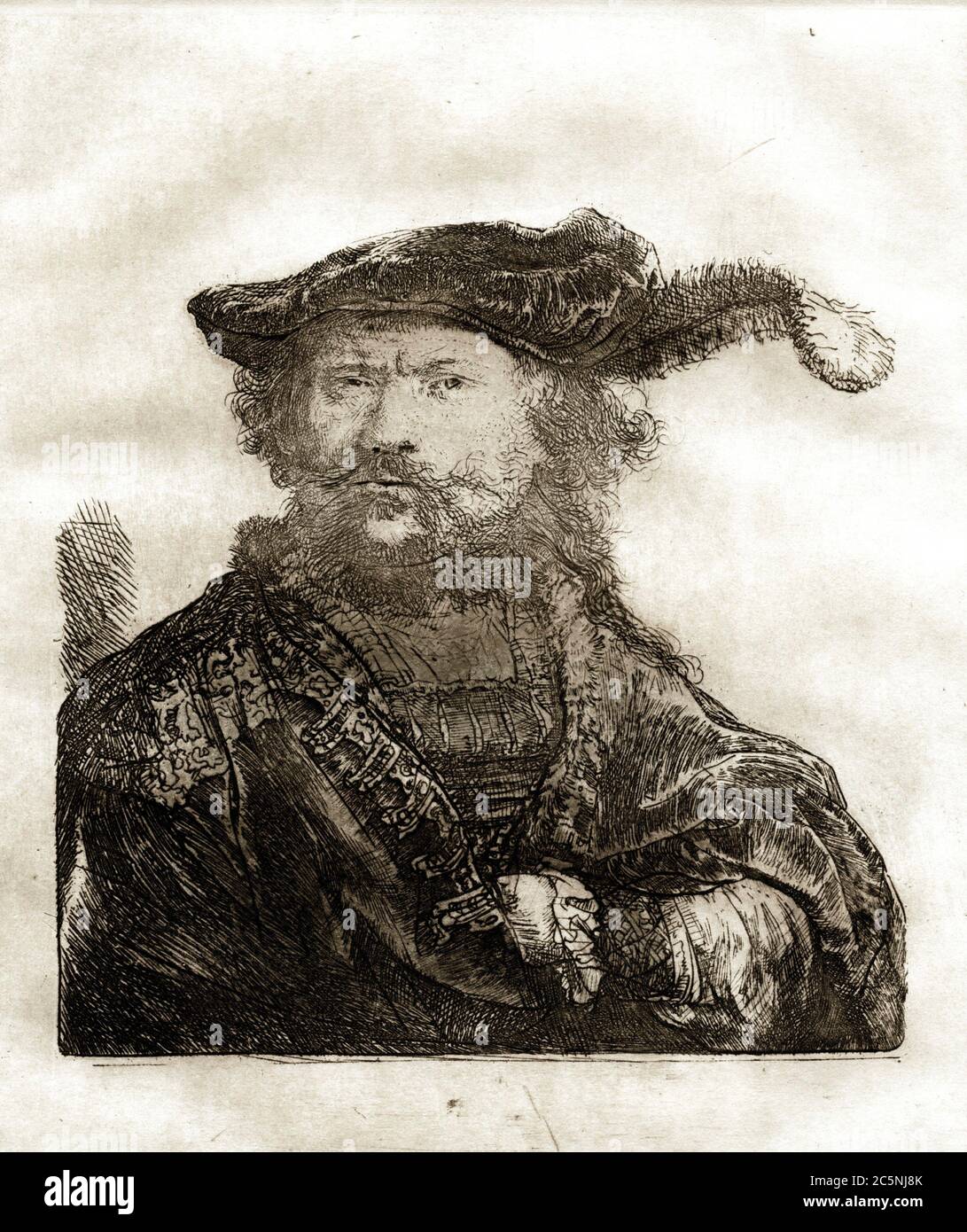 Autoportrait à Velvet Cap avec plume du maître hollandais Rembrandt Harmenszoon van Rijn (1606 - 1669), 1638/1880. Gravure de la plaque originale par Charles Amand-Durand (1831-1905) après Rembrandt Harmenszoon van Rijn (1606-1669). Banque D'Images