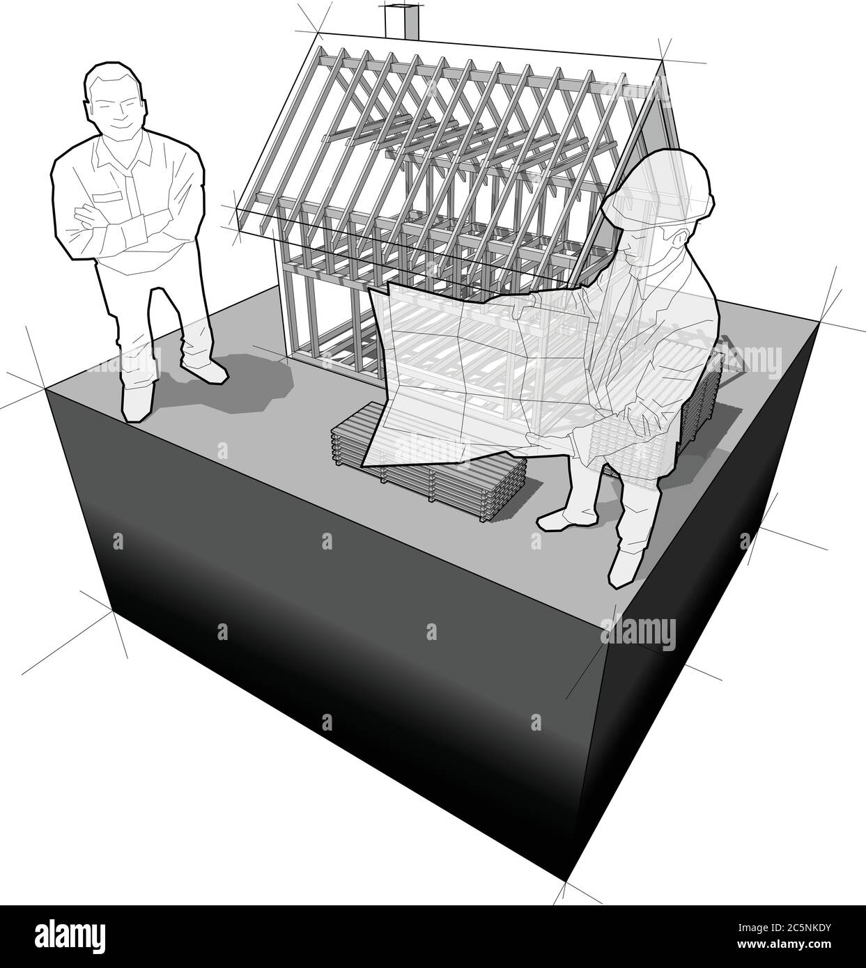 diagramme de construction en bois d'une maison individuelle simple avec architecte et homme souriant heureux debout devant elle Illustration de Vecteur