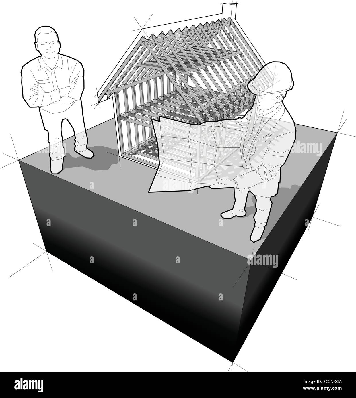 schéma de construction en bois d'une maison individuelle simple avec architecte et client souriant heureux debout devant elle Illustration de Vecteur