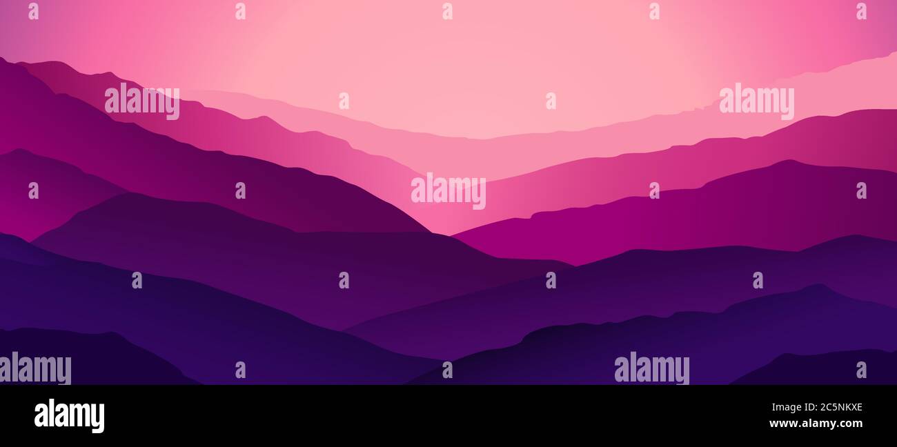 Paysage de montagne violet. Panorama horizontal de collines immenses ouvertes contre le soleil couchant. Illustration de Vecteur