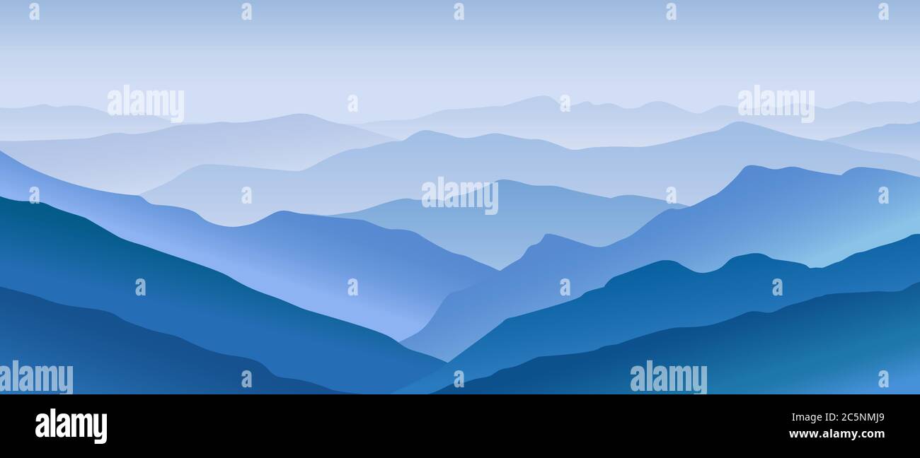 Paysage bleu montagnard. Panorama horizontal de collines immenses ouvertes sommets éloignés couverts de brume brumeuse. Illustration de Vecteur