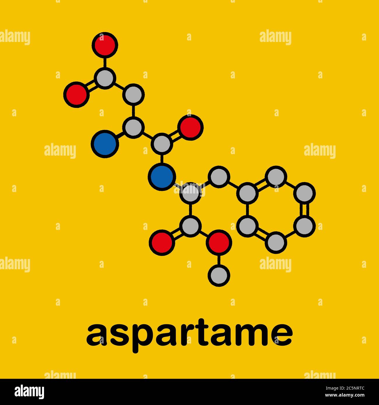 Molécule d'édulcorant artificiel d'aspartame (succédané de sucre). Formule squelettique stylisée (structure chimique) : les atomes sont représentés par des cercles de couleur : hydrogène (caché), carbone (gris), oxygène (rouge), azote (bleu). Banque D'Images