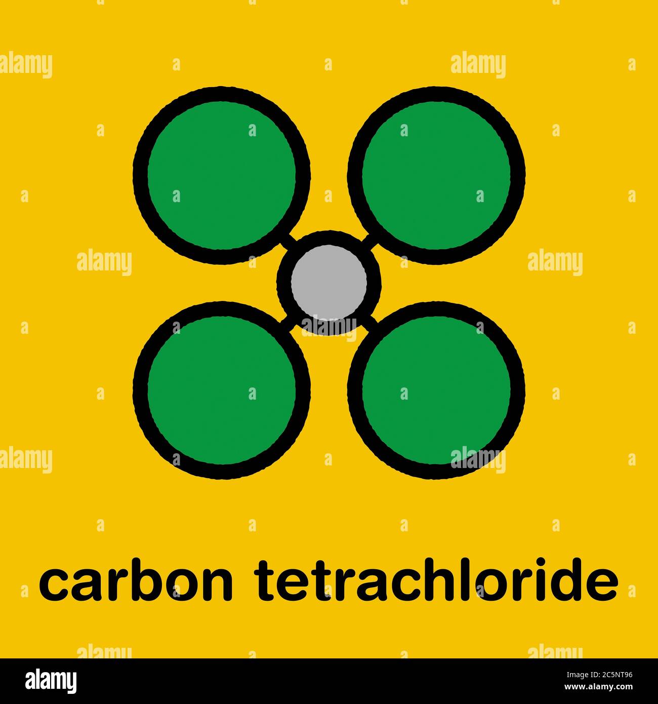 Molécule de solvant de tétrachlorure de carbone (tétrachlorométhane). Formule squelettique stylisée (structure chimique) : les atomes sont représentés par des cercles de couleur : hydrogène (caché), carbone (gris). Banque D'Images