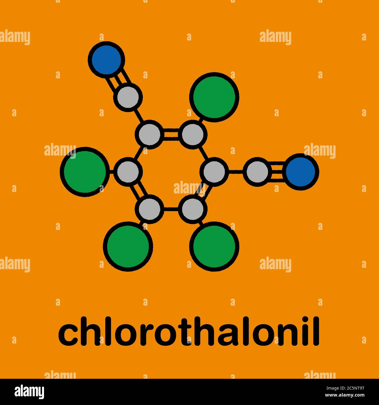 Molécule de pesticide chlorthalonil. Formule squelettique stylisée (structure chimique) : les atomes sont représentés par des cercles de couleur : carbone (gris), azote (bleu), chlore (vert). Banque D'Images